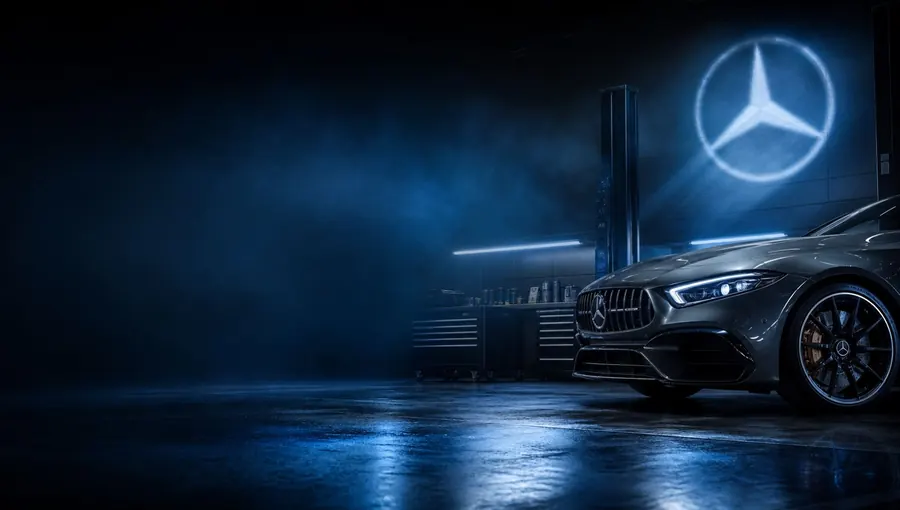 Mercedes-AMG under blue light in a dark Mercedes-Benz service bay