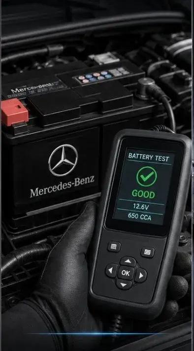 Battery tester showing a good result on a Mercedes-Benz battery