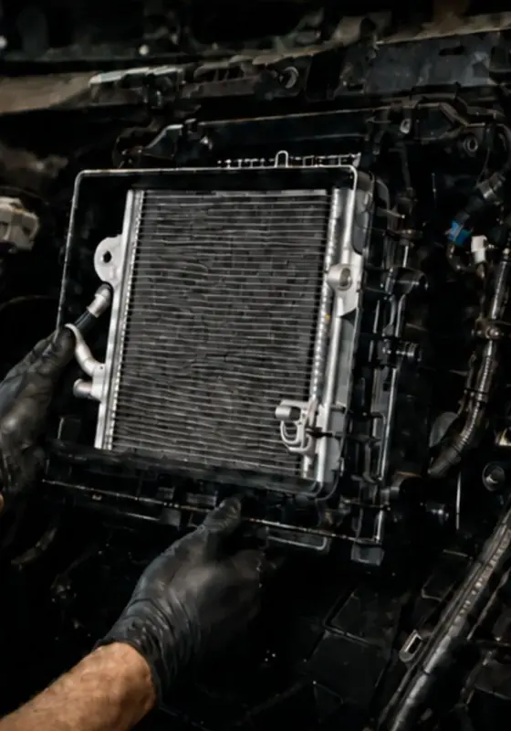Technician holding a Mercedes A/C evaporator removed from behind the dashboard