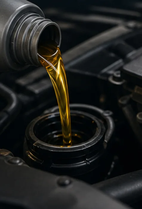 Synthetic oil being poured into a Mercedes-Benz engine