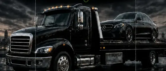 Black Mercedes-Benz sedan loaded on a flatbed tow truck at night