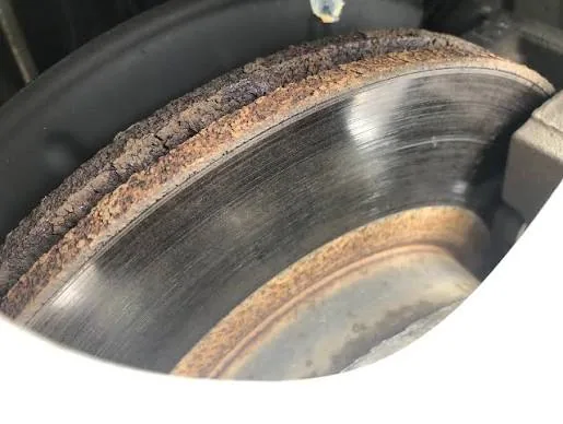 Rust and scaling on the edge of a brake rotor