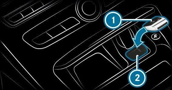 Mercedes-Benz center console diagram showing the key placed in the marked console tray