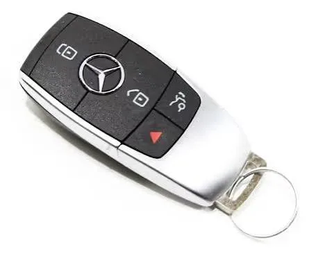 Newer style Mercedes-Benz key fob with a flat black face and chrome sides