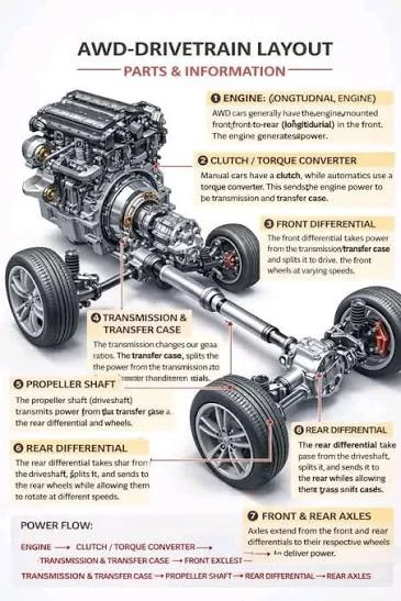 Diagram of an all-wheel-drive layout showing the engine, transmission and transfer case, propeller shaft, front and rear differentials and axles