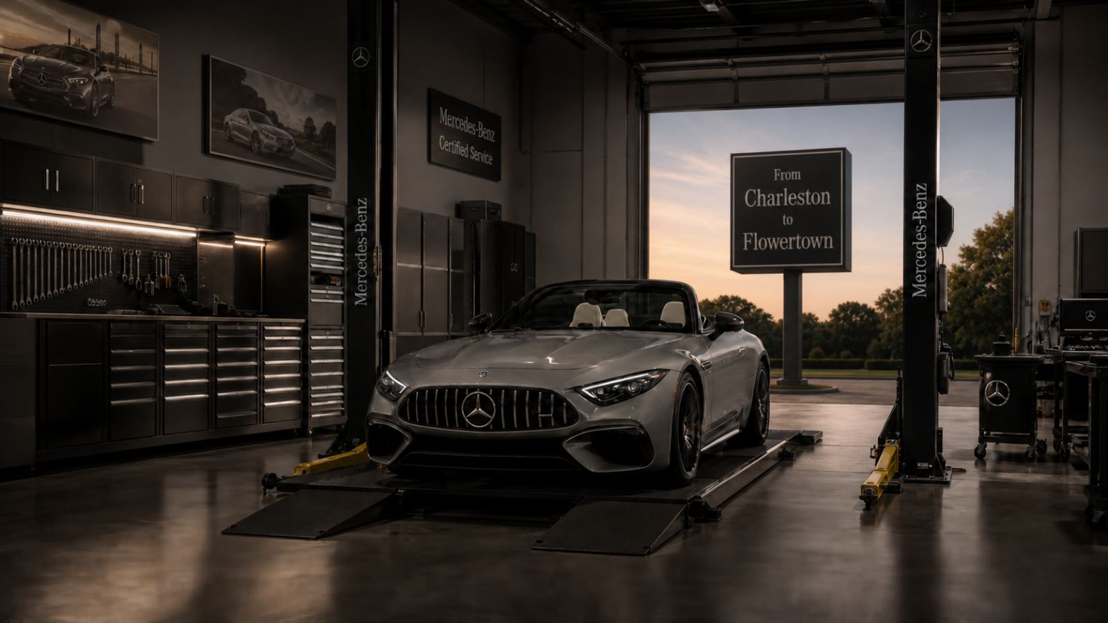 Silver Mercedes-AMG SL on a lift at Elite Benz Solutions, Mercedes-Benz repair in Summerville, SC