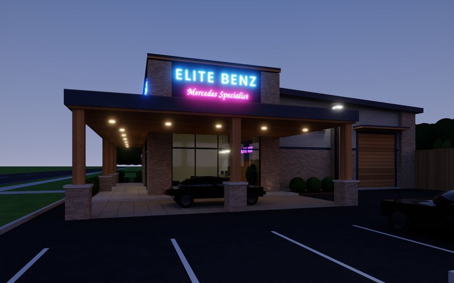 Rendering of the covered Mercedes drop-off canopy at the new Elite Benz location on Hwy 78