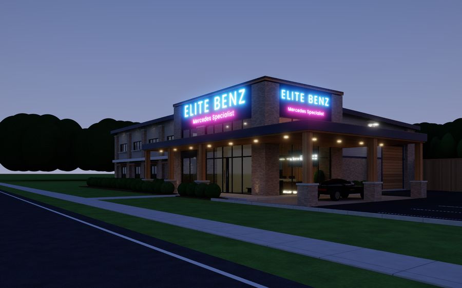 Rendering of the new Elite Benz Mercedes-Benz specialist building off Hwy 78 at night