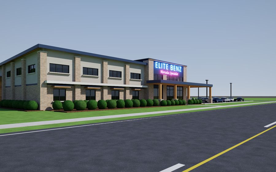 Street-view rendering of the new two-story Elite Benz Mercedes-Benz service center